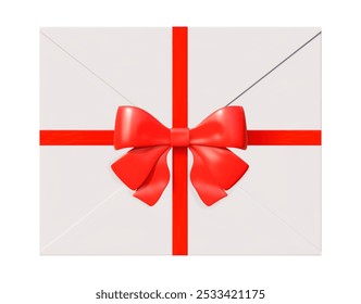 3d white envelope with red bow with ribbon. Stock vector illustration on isolated background.