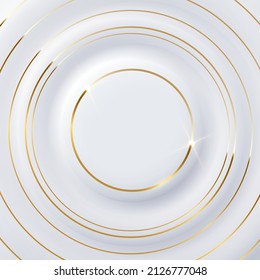 3d white figures with geometric concave and convex surface and golden shiny circular lines vector illustration. Realistic futuristic neomorphism wallpaper with shadow gradient texture and frame