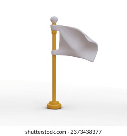 3D white flag in vertical position. Generally accepted sign of surrender on battlefield. End of hostilities, loss. Vector illustration in cartoon style. Content for online games, web design