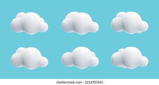 3d white fluffy cloud cartoon style collection set on blue sky