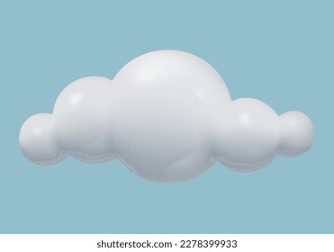 3d white fluffy cloud icon. Realistic glossy plastic three dimensional cute design element on blue sky background.