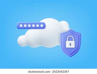 3d White fluffy cloud and locked padlock. Security concept. 3D rendering. Password protected icon for mobile applications and website concept. Vector illustration