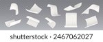 3d white fly paper sheet. Fall isolated document. Blank falling realistic letter set mockup. Curl office a4 notebook shape template design. Empty corporate post or paperwork in air abstract mock up.