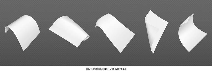 3d white fly paper sheet. Fall isolated document. Blank falling realistic letter set mockup. Curl office a4 notebook shape template design. Empty corporate post or paperwork in air abstract mock up.