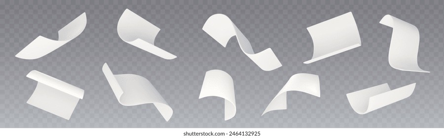 3d white fly paper sheet. Fall isolated document. Blank falling realistic letter set mockup. Curl office a4 notebook shape template design. Empty corporate post or paperwork in air abstract mock up.