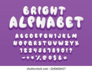 3d white font. Collection of letters and graphic elements for website. Typography and calligraphy. Special sytmbols for typing. Cartoon vector illustrations isolated on violet background