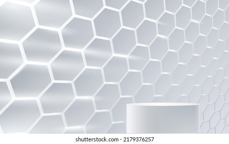 3d white futuristic podium with hexagonal wall background for technology product display or presentation. pedestal, stage, platform, base.