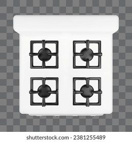 3d white gas stove top view isolated realistic vector. Kitchen interior appliance icon. Household heater digital kitchenware design above display. Glossy clean cooker element mockup png illustration.