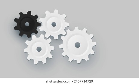 3D white gears and cogs on gray, cooperation concept technology background with copy space, 3D vector illustration