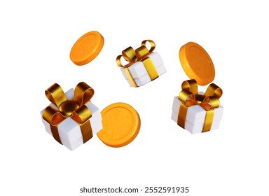 3D white gift box adorned with a golden ribbon, surrounded by floating golden coins. Vector illustration.