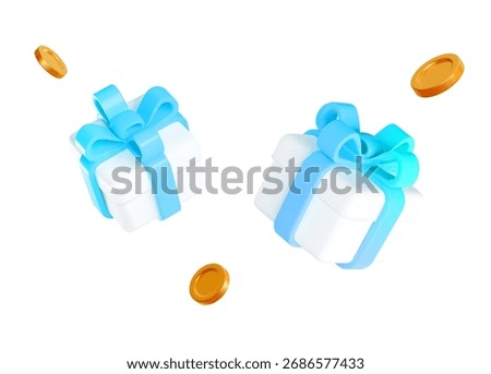 3d white gift box with blue ribbon and flying gold coins. Stock vector illustration on isolated background.