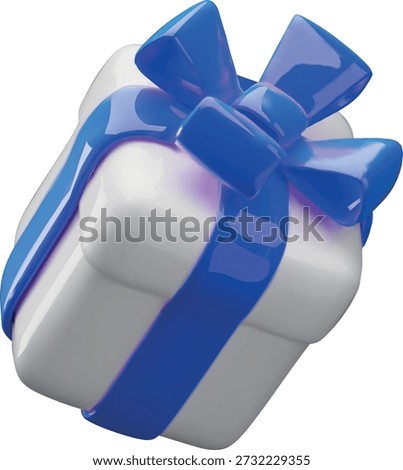 3D white gift box with blue ribbon bow fly vector icon. Festive surprise close box floating. Realistic volume holiday decoration. Event present falling. Render glossy decorative package wrapping