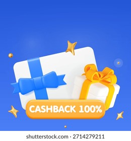 Caja de regalo blanca 3D con tarjeta de Cupón, concepto de devolución de dinero. Anuncio cuadrado para promoción. Ilustración vectorial de stock sobre fondo aislado azul.