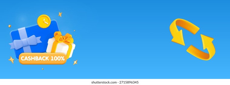 Caja de regalo blanca 3D con tarjeta de Cupón, concepto de devolución de dinero. Anuncio Horizontal de promoción. Ilustración vectorial de stock sobre fondo aislado azul.