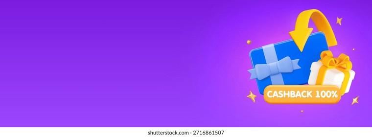 Caja de regalo blanca 3D con tarjeta de Cupón, concepto de devolución de dinero. Anuncio Horizontal de promoción. Ilustración vectorial de stock sobre fondo aislado púrpura.