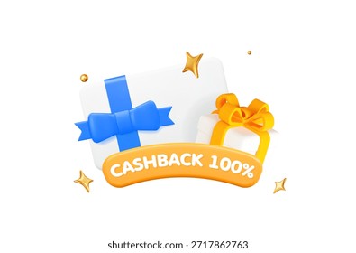 caixa de presente branca 3d com cartão de cupom, conceito cashback. Banner quadrado para promoção. Ilustração do vetor de estoque no fundo isolado branco.