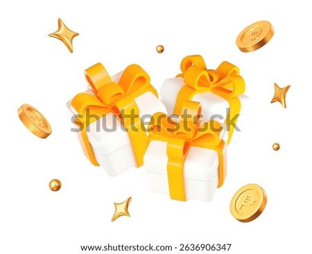 3d white gift box with flying golden coins of Philippine Peso, stars and balls. Stock vector illustration on isolated background.