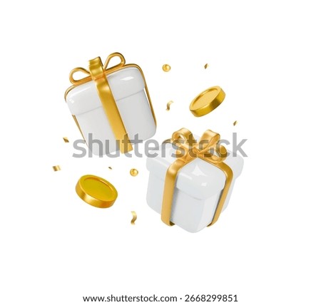 3d white gift box with gold ribbon and flying gold coins. Bonus icon. Present surprise. You win prize. Vector illustration on isolated background.