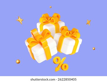 Caja de regalo blanca 3D con el icono de bajo Precio, estrellas de oro voladoras y bolas. Ilustración vectorial de stock sobre fondo aislado lila.