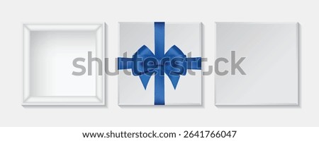 3D White Gift Box Mockup with Blue Ribbon – Top View of Open and Closed Present Package | Vector Illustration