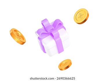 3d white gift box with purple ribbon and flying gold coins with discount percent. For promotion, marketing and advertising in social networks. Stock vector illustration on isolated background.