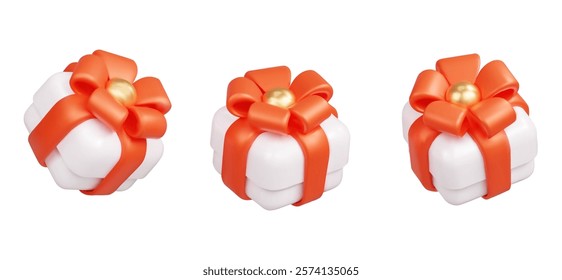 3D white gift box with red bow in cartoon style. For holidays, birthdays, and festive celebrations. Vector illustration
