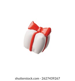 3D white gift box with red bow from an inflated balloon vector icon. Render festive present surprise box. Realistic volume holiday decoration, birthday congratulation air figure isolated on white
