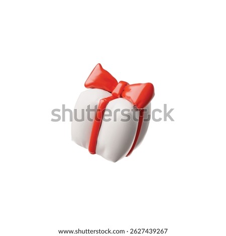 3D white gift box with red bow from an inflated balloon vector icon. Render festive present surprise box. Realistic volume holiday decoration, birthday congratulation air figure isolated on white