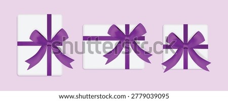 3D White Gift Box Set with Purple Ribbon Bow, Luxury Present Package Collection for Holidays and Celebration Vector Illustration