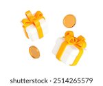 3d white gift box with yellow ribbon and flying gold coins. Stock vector illustration on isolated background.