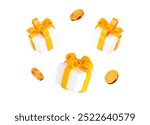 3d white gift box with yellow ribbon and flying gold coins. Stock vector illustration on isolated background.