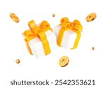 3d white gift box with yellow ribbon and flying gold chinese coins and balls. Stock vector illustration on isolated background.