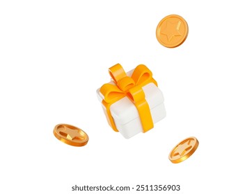 Caja de regalo blanca 3D con cinta amarilla y monedas de oro volando con signo de estrella. Ilustración vectorial de stock sobre fondo aislado.