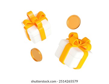 3d white gift box with yellow ribbon and flying gold coins. Stock vector illustration on isolated background.