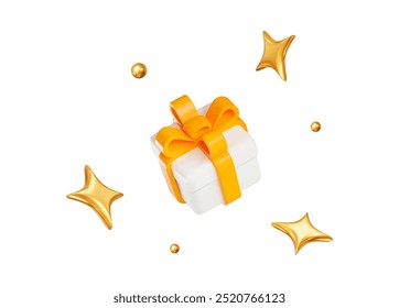 3d white gift box with yellow ribbon and flying stars with balls. Stock vector illustration on isolated background.