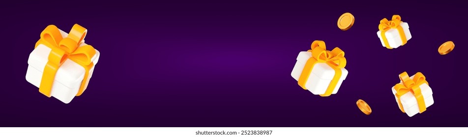 3d white gift box with yellow ribbon and flying gold coins on purple background. Stock vector illustration on isolated background.