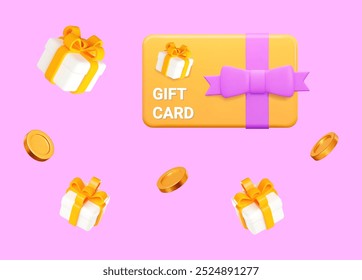 Caja de regalo blanca 3D con cinta amarilla y monedas de oro volador. Ilustración vectorial de archivo sobre fondo aislado rosa.