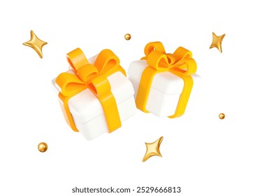 3d white gift box with yellow ribbon and flying gold stars and balls. Stock vector illustration on isolated background.