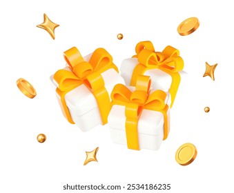 Caja de regalo blanca 3D con cinta amarilla y monedas de oro volador, estrellas y bolas. Ilustración vectorial de stock sobre fondo aislado.