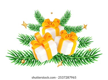 3d white gift box with yellow ribbon, flying gold stars with balls and Christmas tree branches. Stock vector illustration on white isolated background.