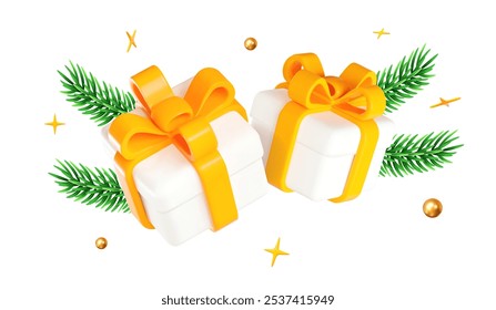 3d white gift box with yellow ribbon, Christmas tree branches and flying stars and balls. Stock vector illustration on isolated background.