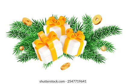 3d white gift box with yellow ribbon, flying gold chinese coins with balls and Christmas tree branches. Stock vector illustration on white isolated background.