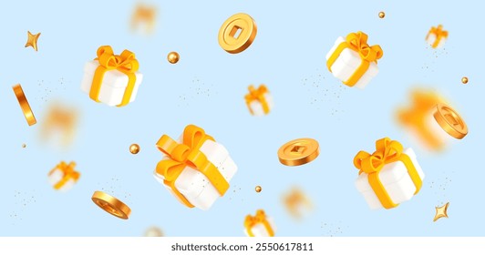 3d white gift box with yellow ribbon, flying gold chinese coins, stars with balls. Stock vector illustration on light blue isolated background.