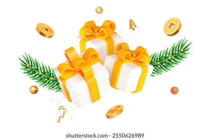 3d white gift box with yellow ribbon, flying gold chinese coins with balls and Christmas tree branches. Stock vector illustration on white isolated background.