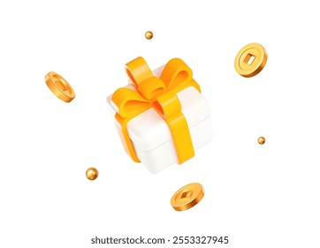 3d white gift box with yellow ribbon and flying gold chinese coins and balls. Stock vector illustration on isolated background.	
