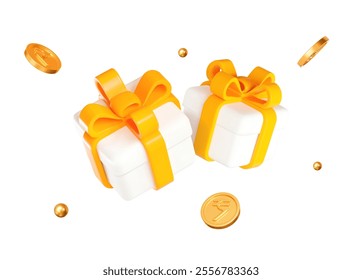 3d white gift box with yellow ribbon and flying gold Indian rupees coins and balls. Stock vector illustration on isolated background.