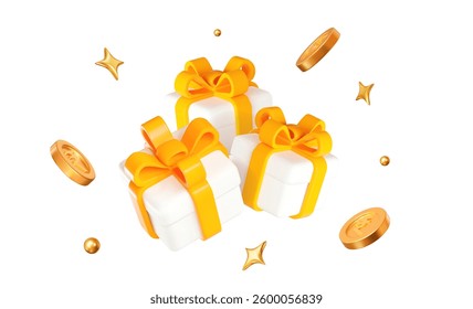 3d white gift box with yellow ribbon and flying gold Indian rupees coins and balls. Stock vector illustration on isolated background.	
