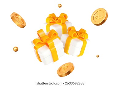 3d white gift box with yellow ribbon and flying gold Indian rupees coins and balls. Stock vector illustration on isolated background