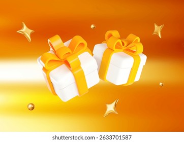 3d white gift box with yellow ribbon and flying gold stars and balls. Stock vector illustration on golden isolated background.