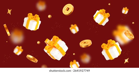 3d white gift box with yellow ribbon, flying gold chinese coins, stars with balls. Stock vector illustration on red isolated background.